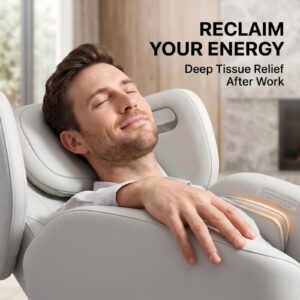 Close-up of a person reclining in a white Livemor massage chair with a cushioned headrest and padded armrests. The chair features a side control panel with illuminated buttons and ambient lighting. The setting appears to be a modern living room with soft lighting and neutral tones. Visible text reads “Reclaim Your Energy – Deep Tissue Relief After Work,” highlighting the chair’s relaxation and recovery benefits.