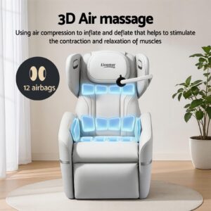 White Livemor massage chair displayed in a bright room with a curtain on the left and a potted plant on the right, showcasing a 3D air massage system. Blue highlighted zones across the back and seat indicate 12 airbags that inflate and deflate to provide compression massage. Text on the image reads “3D Air massage” and explains the use of air compression to stimulate muscle contraction and relaxation.