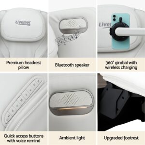 Close-up collage of a white Livemor massage chair highlighting key features, including a premium headrest pillow with logo, built-in Bluetooth speaker emitting music notes, and a 360-degree adjustable gimbal with wireless phone charging. Additional panels show quick-access control buttons with voice guidance, ambient lighting detail, and an upgraded footrest mechanism. The images are arranged in a grid layout against a light background with labeled feature descriptions.