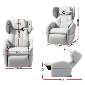 White Livemor massage chair shown in front, angled, and reclined side views with labeled dimensions. Measurements include 80 cm back height, 52 cm seat width, 74 cm overall width, and 67 cm depth, with an upright height of approximately 110 cm. The fully reclined position extends to about 140 cm in length and 47 cm in height. The chair features an adjustable control arm, padded headrest, arm massage sections, and a sleek ergonomic design.