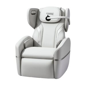 Front-angled view of a white Livemor massage chair featuring a padded headrest with logo, contoured backrest, cushioned seat, and integrated arm massage sections. The chair includes a mounted control arm on the right side, smooth side panels, and a modern ergonomic design, displayed against a plain light background.