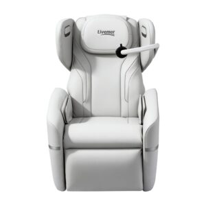 Massage recliner with zero-gravity positioning, vibration massage, heated support, Bluetooth speakers, wireless charging, and ambient lighting