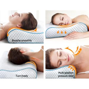 Memory foam contour pillow demonstrating neck support, spinal alignment and pressure relief for back and side sleeping positions