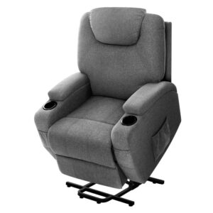 Massage recliner chair with lift assist, heated massage, cup holders, storage pockets, and grey faux linen upholstery