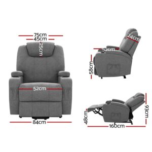 Grey fabric massage recliner chair displayed in front, side, and reclined views with detailed measurements labeled. Dimensions include 84 cm width, 52 cm seat width, 75 cm back width, and 25 cm headrest height from the front view. Side views show 58 cm seat height and 52 cm depth, while the fully reclined position extends to approximately 160 cm length and 93 cm height. The chair features padded armrests, built-in cup holders, and a side storage pocket.