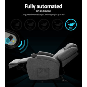 Grey fabric massage recliner chair shown in a partially reclined position with extended footrest, highlighting a fully automated lift and recline function. A remote control graphic indicates adjustable reclining angles up to 160 degrees, with icons showing multiple positions (110°, 125°, 140°, 150°, and 160°). The chair features padded armrests, built-in cup holders, and a side storage pocket.