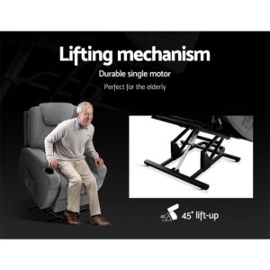 Grey fabric massage recliner chair demonstrating a powered lift assist function, with a seated person being gently raised forward to a standing position. The image also shows the internal metal lifting mechanism and includes text highlighting a durable single motor and a 45-degree lift-up angle, designed to support elderly users.