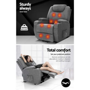 Grey fabric massage recliner chair featuring multiple heat and massage points highlighted across the back, seat, and leg areas, along with a steel base supporting up to 150kg. The image also shows the chair in a reclined position with extended footrest, demonstrating adjustable backrest and footrest for full-body comfort and relaxation.