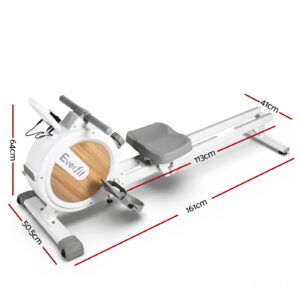 Everfit magnetic rowing machine dimensions showing a compact 161cm length design with ergonomic seat rail, magnetic resistance system and space-efficient home fitness footprint