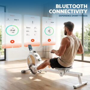 Everfit Bluetooth-enabled rowing machine connected to fitness tracking app displaying workout metrics, training progress and performance data for interactive home cardio workouts