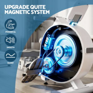 Internal view of Everfit rowing machine magnetic resistance system showing smooth, quiet and powerful performance for home cardio, endurance and full body rowing workouts