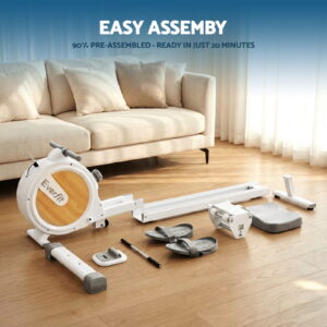 Everfit magnetic rowing machine components displayed during assembly, featuring a 90 percent pre-assembled design for fast and easy home fitness equipment setup