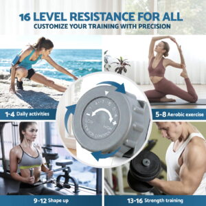 Everfit rowing machine resistance adjustment dial showing 16 magnetic resistance levels for beginners, cardio training, endurance workouts and strength-focused rowing exercise