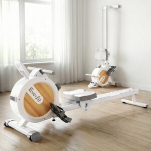 Everfit magnetic rowing machine in white finish with wood-look accents designed for low-impact cardio training, endurance workouts and full body fitness at home