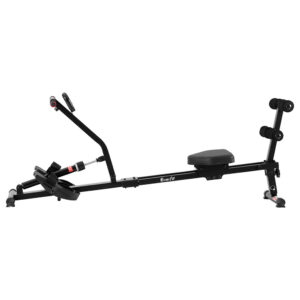 Compact Everfit rowing trainer with resistance bands, padded seat and foldable design for full body workouts, cardio exercise and home fitness training