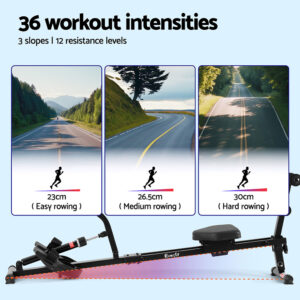 Everfit rowing trainer featuring 36 workout intensity combinations with adjustable incline settings and resistance levels for customised home cardio and strength training workouts