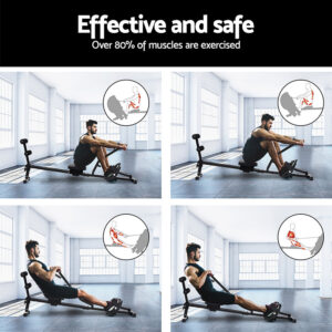 Everfit rowing trainer demonstrating full body exercise engagement with low impact rowing motion targeting legs, back, shoulders, arms and core muscles for effective home fitness training
