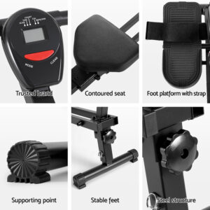 Everfit rowing machine showcasing ergonomic contoured seat, adjustable foot straps, stable steel frame construction, supportive base design and easy-to-read workout monitor