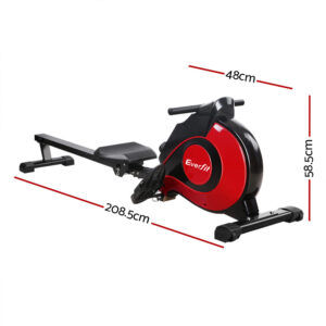 Everfit magnetic rowing machine with dimensions displayed, measuring 208.5cm long, 48cm wide and 58.5cm high for home cardio and full body fitness training