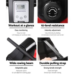 Everfit magnetic rowing machine featuring LCD workout monitor, 10-level resistance adjustment, wide rowing beam and durable pull strap for home cardio training