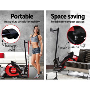 Everfit rowing machine featuring transport wheels and foldable space-saving design for convenient home fitness storage and cardio workouts