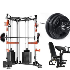 Functional trainer with cable crossover, Smith machine, squat rack, dual 130kg weight stacks, and workout bench for strength training and home fitness