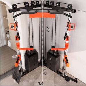 YANBO dual cable functional trainer dimensions showing 220cm height, 160cm width and 117cm depth with dual weight stacks and pull-up bar