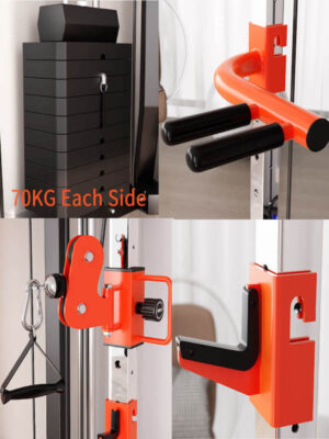 Close-up of the YANBO functional trainer showing dual 70kg weight stacks, dip handles, adjustable pulley system and accessory storage hooks