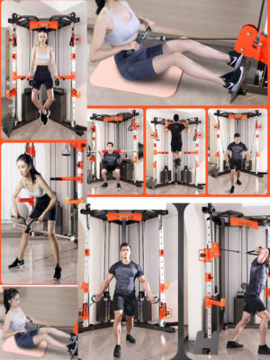 YANBO dual cable functional trainer demonstrating pull-ups, rows, squats, lunges, cable flys and full body strength training exercises