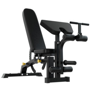 Adjustable weight bench featuring preacher curl pad, leg developer attachment and multiple incline positions for home gym strength training
