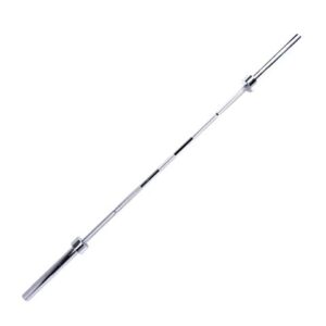 Olympic barbell with chrome finish and rotating sleeves designed for strength training, powerlifting and weightlifting exercises