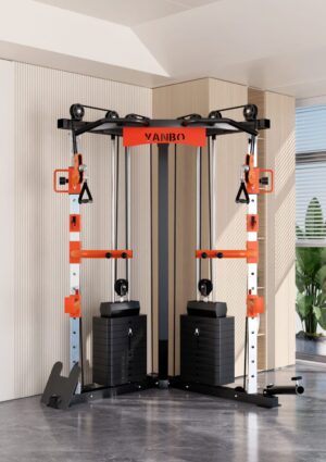 YANBO dual cable functional trainer with twin weight stacks, adjustable pulleys, pull-up bar and compact home gym design