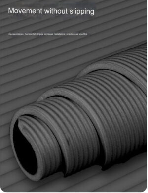Close up of black exercise mat showing extra thick foam cushioning and textured non-slip surface for yoga, stretching and floor workouts