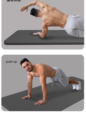 Man performing push ups and core exercises on an extra wide black 20mm thick fitness mat designed for floor workouts, stretching and home training