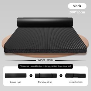 Extra wide black fitness mat measuring 200cm x 90cm with 20mm cushioning, portable carry strap and storage bag for home workouts and floor exercises