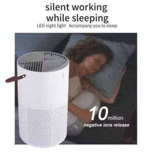Portable HEPA air purifier operating quietly in a bedroom with LED night light for cleaner air during sleep