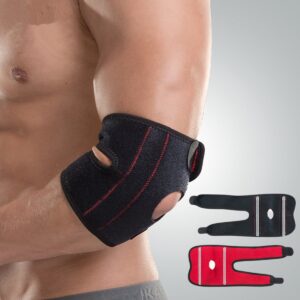 Man wearing an adjustable black elbow support brace with compression wrap and breathable inner lining designed for tennis elbow relief, gym training, sports recovery, and everyday support.