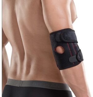 Man wearing a black compression elbow support brace with adjustable straps designed for tennis elbow relief, golf support, training, and repetitive arm movement activities.