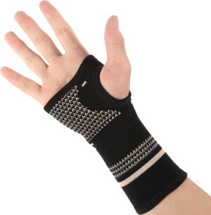 black compression wrist support brace with breathable fabric and adjustable support for gym training recovery sports and daily wrist stability