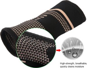 close up of breathable copper compression wrist sleeve fabric showing moisture wicking elastic material for wrist support and sports recovery