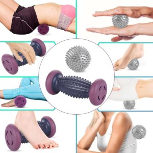 Collage-style image showing a textured massage roller with purple end caps and a spiky massage ball in the center, surrounded by multiple use-case images. The scenes demonstrate the roller being used under the lower back, calves, and hands, while the spiky ball is shown for hand, foot, and torso massage. The layout highlights full-body application for muscle recovery, trigger point therapy, and tension relief across different areas.