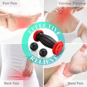 Promotional image showing a spiky massage roller with red end caps and two matching spiky massage balls in the center, surrounded by four images demonstrating common pain areas. The top-left shows a foot with a highlighted red pain zone labeled “Foot Pain,” the top-right shows a neck and shoulder area labeled “Cervical Vertebra,” the bottom-left shows lower back pain labeled “Back Pain,” and the bottom-right shows wrist pain labeled “Hand Pain.” A circular banner in the middle reads “Effective Relieve,” emphasizing the product’s use for muscle recovery and pain relief across multiple body areas.