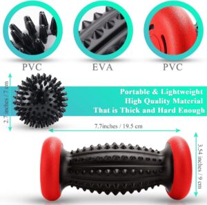 Product overview showing a black spiky massage roller with red end caps alongside a matching spiky massage ball. The image includes close-up circles highlighting different surface textures labeled “PVC” and “EVA.” Dimensions are displayed, including 7.7 inches (19.5 cm) length for the roller, 3.54 inches (9 cm) width, and 2.7 inches (7 cm) for the ball. Text reads “Portable & Lightweight High Quality Material That is Thick and Hard Enough,” emphasizing durability and ease of use.