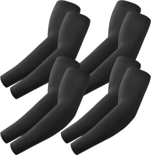 Black UV arm sleeves with cooling compression fabric designed for sports, cycling, outdoor training, and sun protection.