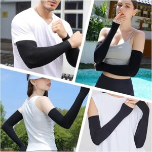 Black UV arm sleeves worn during sports, outdoor training, cycling, and fitness activities with lightweight cooling compression support.