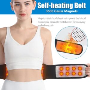 Woman wearing a self-heating magnetic therapy back support belt with thermal lumbar support design, adjustable compression fit, and lower back warming support for daily comfort and recovery.
