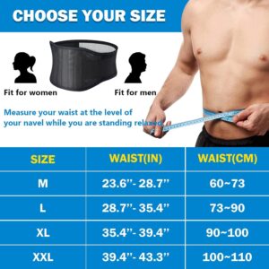 Size chart for magnetic lumbar support belt showing waist measurements for M, L, XL, and XXL sizes for men and women with adjustable lower back support design.