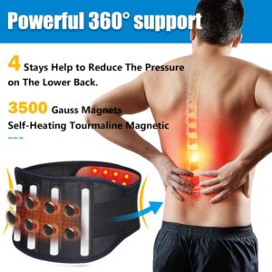Man wearing a magnetic lumbar support belt with self-heating lower back therapy, reinforced support stays, adjustable compression design, and wide waist stabilization support.
