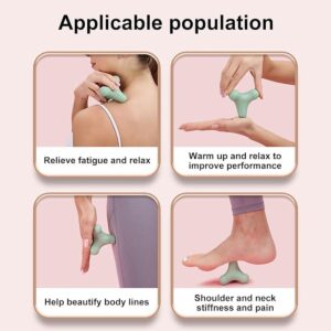 A product infographic with a light pink background displaying a light green, Y-shaped massage tool in four usage scenarios. The top-left panel shows the tool massaging a neck with the text "Shoulder and neck stiffness and pain." The top-right depicts use on a hand for "Relieve fatigue and relax." The bottom-left demonstrates the tool on a thigh to "Help beautify body lines," and the bottom-right shows it pressing into a foot to "Warm up and relax to improve performance." The header reads "Applicable population."