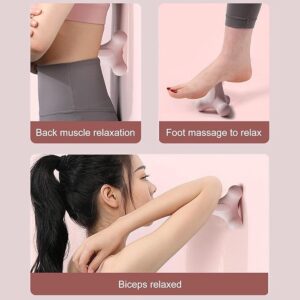 A collage of three photos demonstrating a bone-shaped, three-pronged massage tool. The top left panel shows the tool pressed against a lower back against a wall labeled "Back muscle relaxation." The top right displays a foot stepping on the device labeled "Foot massage to relax." The bottom panel features a woman with dark hair in a ponytail using the tool on her bicep, labeled "Biceps relaxed." The tool is light-colored plastic, set against a soft pink and grey background.